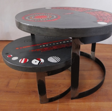 tables basses de jardin duo, béton et mosaïque, pied métal (60cm de diamètre, 40cm ht // 43 cm de diam, 23cm ht )
